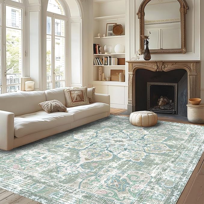 Vhong Washable Area Rugs Boho Vintage Neutral Modern Pale Green 6x9 Non Slip Small Carpet for Living Room Dining Room Bedroom Farmhouse
