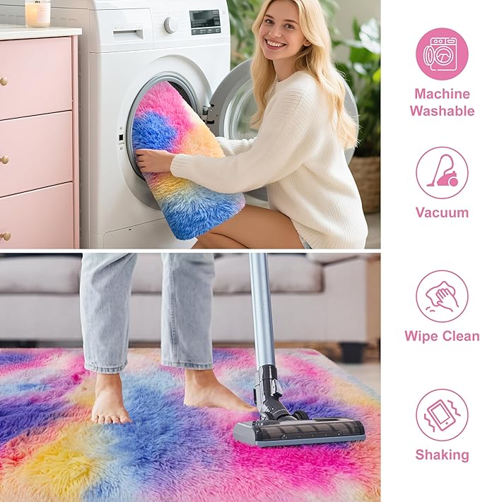 Large Hot Pink Rainbow Area Rug for Kids Room 8x10 Ft, Soft Plush Fluffy Princess Unicorn Rugs for Girls Bedroom, Cute Shaggy Colorful Carpet for Kids Teens Nursery Toddler Decor Aesthetic
