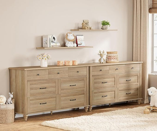 WAMPAT 2 Pack Kids Dresser with 14 Drawers for Bedroom, 2-in-1 Wide Baby Dresser for Nursery & Kids Room, Farmhouse Chests & Dressers, Wooden Closet Organizer for Children’s Bedroom, Oak