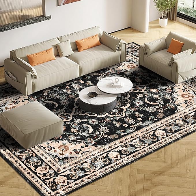 Vhong Black and Brown Area Rugs Boho Washable Vintage Modern Neutral Large Carpet 8×10 High Traffic Rugs for Dinning Room Living Room Bedroom Farmhouse Non Slip