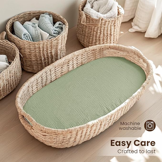 Konssy 2 Pack Muslin Bassinet Sheets for Baby Boy, 100% Cotton Soft Breathable Bassinet Mattress Sheets Fit for Hourglass Oval Cradle Rectangle Mattress (Palm Paradise,Sage)