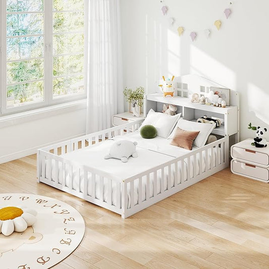 mikibama Full Floor Bed for Kids, Wooden Montessori Bed Frame with Headboard Bookcase, Storage Shelves & Safety Fence Rails, Kids Floor Bed Frame with Door for Girls, Boys, White