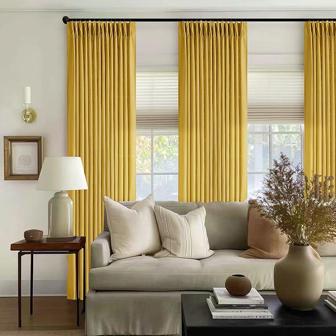 Mustard Yellow 90 Inch Linen Curtains Pinch Pleated for Living Room Bedroom Dining Boho Light Filtering Pinch Pleat Drapes Hooks Rings Back Tab Semi Sheer Gold Harvest Spring Window Curtains 2 Panels