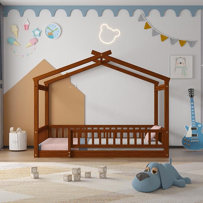 Merax Twin Size Wooden House Bed with Fence, Wood Bed Frame with Roof and Safety Guardrail for Kids, Teens, Boys or Girls, Walnut