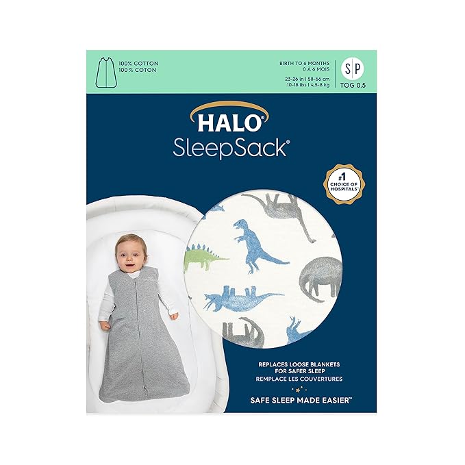 HALO SleepSack, 100% Cotton Wearable Blanket, Swaddle Transition Sleeping Bag, TOG 0.5, Watercolor Dinos, Small, 0-6 Months