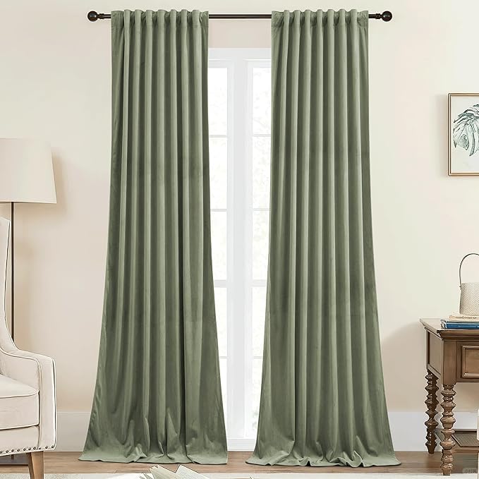 StangH Sage Green Curtains for Living Room Soft Velvet Back Tab Nursery Bedroom Window Panels 96 inches Long Room Darkening Thermal Insulated Drapes, W42 x L96, 2 Panels