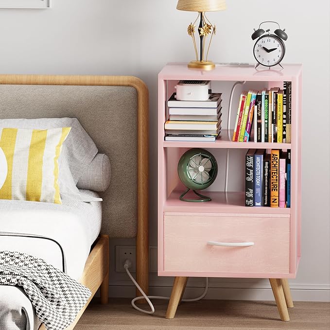 Night Stand with Charging Station, Pink Kids Nightstand with Drawer, 3-Tier Nursery Bedside Table with USB Ports and Outlets, End Table for Small Space, Living Room, Bedroom