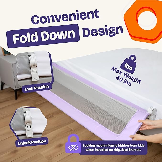 ComfyBumpy 1-Pack Bed Rail for Toddlers 55.5" L x 19.5" H | Toddler Bed Rails for Twin, Full, Queen & King Mattress Size | Swing Down Rail Guard | Mattress Side Rail for Kids | Purple