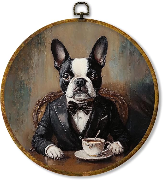 Hiuwevt Vintage Funny Coffee French Bulldog Round Wall Art Decor, Retro Aristocratic French Bulldog Framed Canvas Prints, Pet Round Wall Hanging Decor for Bedroom Home Decorations, 10x10 Inches
