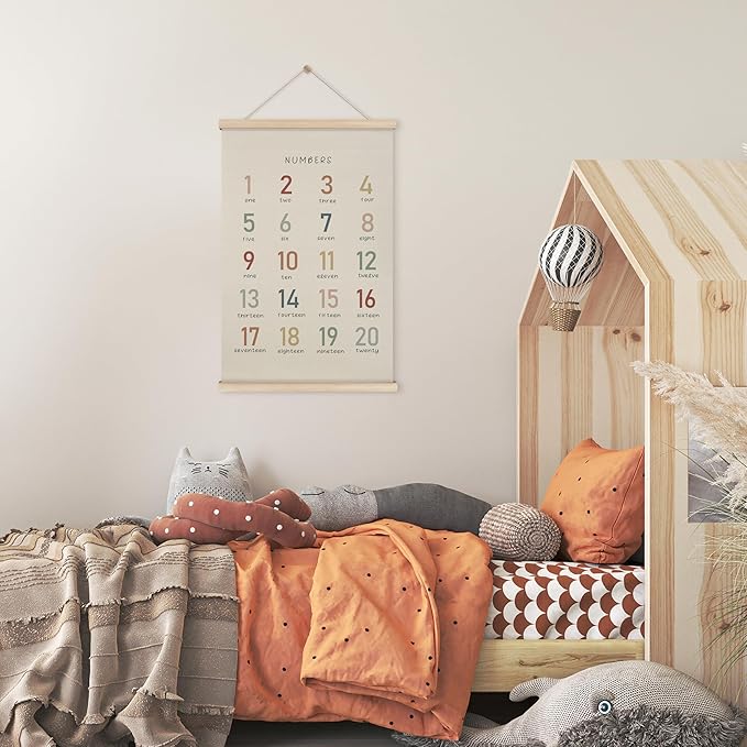 HRQKO Boho Numbers Alphabet Poster Hanger Frame, Nursery Wall Decor, Boho Learning Poster Wall Art with Wooden Frames, Numbers Banner Wall Hanging Decor for Boys Nursery Toddler Playroom, 16x24 inch