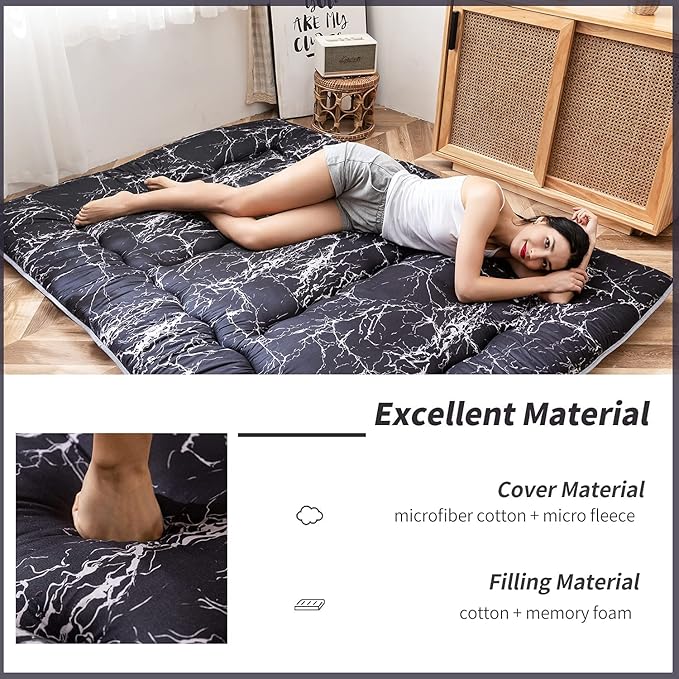 MAXYOYO Black Marble Printed Japanese Futon, Thicken Sleeping Pad Roll Up Camping Mattress Twin