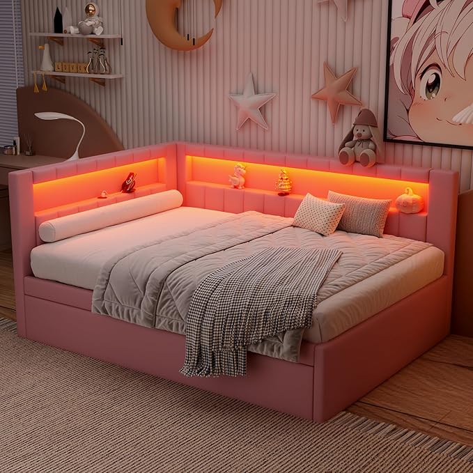 Full Size Soft Daybed with Trundle, Storage Shelves and LED Belt, Linen Upholstered Corner Bed with L-Shaped Bookshelf Headboard and USB Charger for Kids Boys Girls, Pink