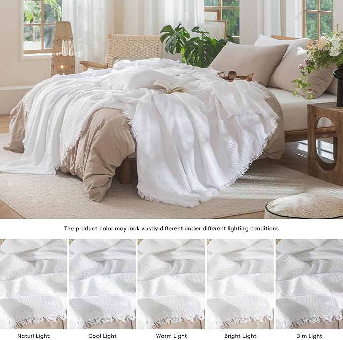 MooMee Muslin Blanket - 100% Cotton 4-Layer Gauze Throw Blanket with Tassels Ultra-Soft Breathable Lightweight Cooling for Bed Couch (Bright White,Oversized Queen 98" x 98")
