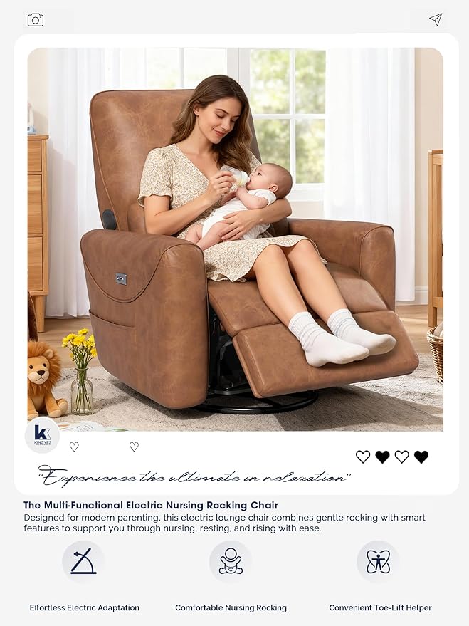 KINGYES Swivel Power Recliner, Glider Rocking Chair for Nursery, 270° Swivel Nursery Rocking Chair, Bluetooth Speaker & USB-C Port, Faux Leather Single Recliner Sofa for Breastfeeding, Brown