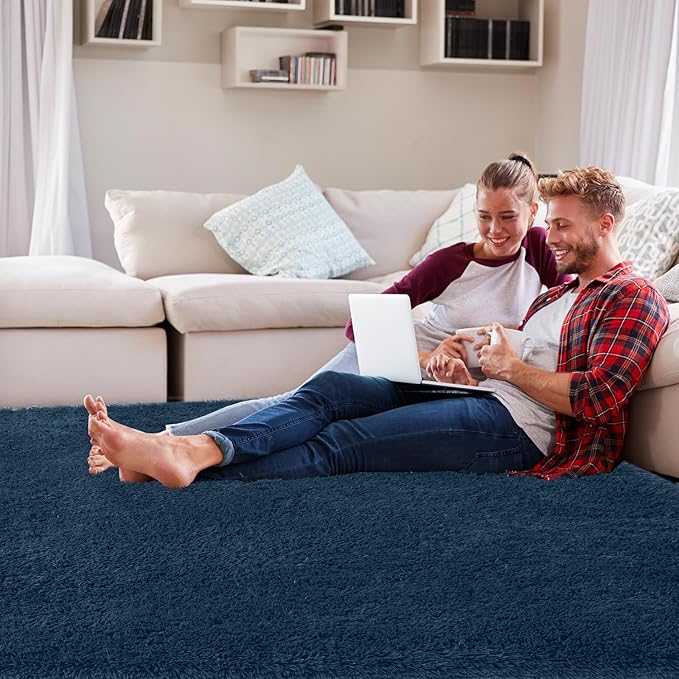 Shag Rug 9x12 for Living Room: Large Area Rug 9 X 12 Navy Blue for Living Room - Soft Plush Blue Rugs Modern Shaggy Fuzzy Floor Carpet (Navy Blue/9 by 12 Feet)