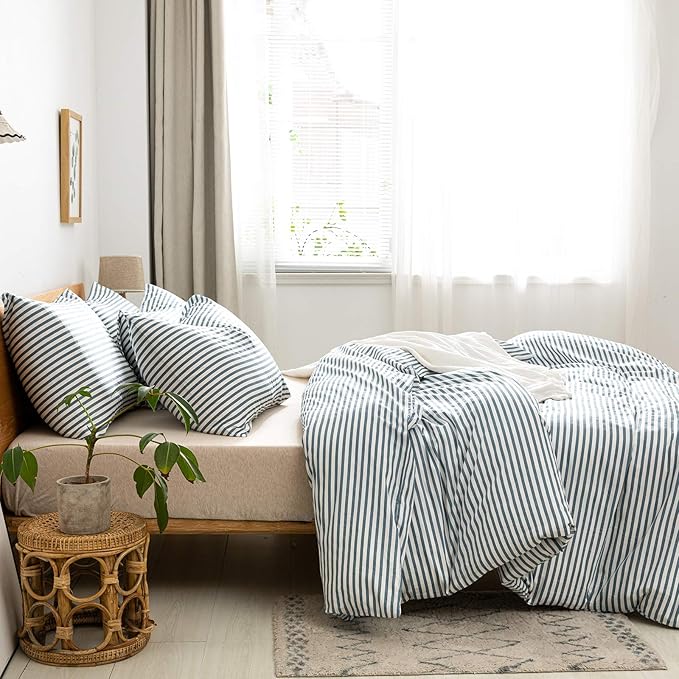 JELLYMONI 100% Natural Cotton 2pcs Striped Duvet Cover Sets,White Duvet Cover with Grayish Blue Stripes Pattern Printed Comforter Cover,with Zipper Closure & Corner Ties(Twin Size)