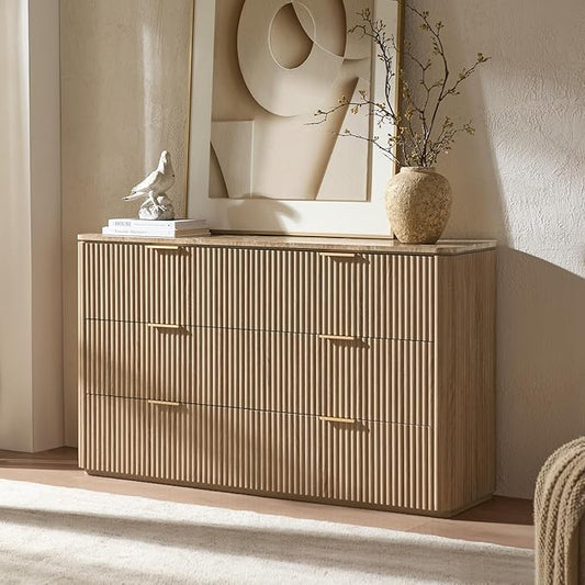 Fluted 6 Drawer Dresser for Bedroom, 54.5" Wide Modern Chest of Drawers with Faux Marble Top, Curved Corners Design, Wooden Dresser TV Stand with Organizer Storage for Living Room, Natural Oak
