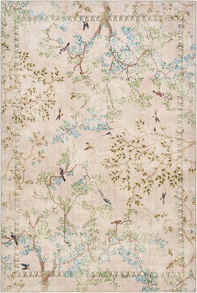 jinchan Yarden Botanical Birds 5x7 Beige Area Rugs for Living Room Washable Non Slip Soft Nature Plants Modern Kids Carpet Vintage Ultra Thin Low Pile Indoor Rug for Bedroom Nursery Playroom