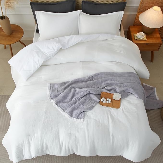 Muslin Comforter Set Queen Size, Cotton Cover & Polyester Filling, Breathable & Linen Like & Suitable for All-Season Use,3 Pieces(1 Comforter 90"x90", 2 Pillow Shams 20"x26"), White