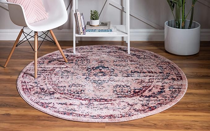 Rugs.com Charleston Collection Rug – 5 Ft Round Pink Low-Pile Rug Perfect for Kitchens, Dining Rooms