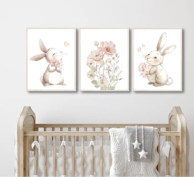 Pink Girl Nursery Bunny Canvas Wall Art Cute Rabbit Wildflowers Painting Pictures Wall Decor Botanical watercolor Flower Poster printing artwork For Baby Boys and Girls Playroom paintings Unframed
