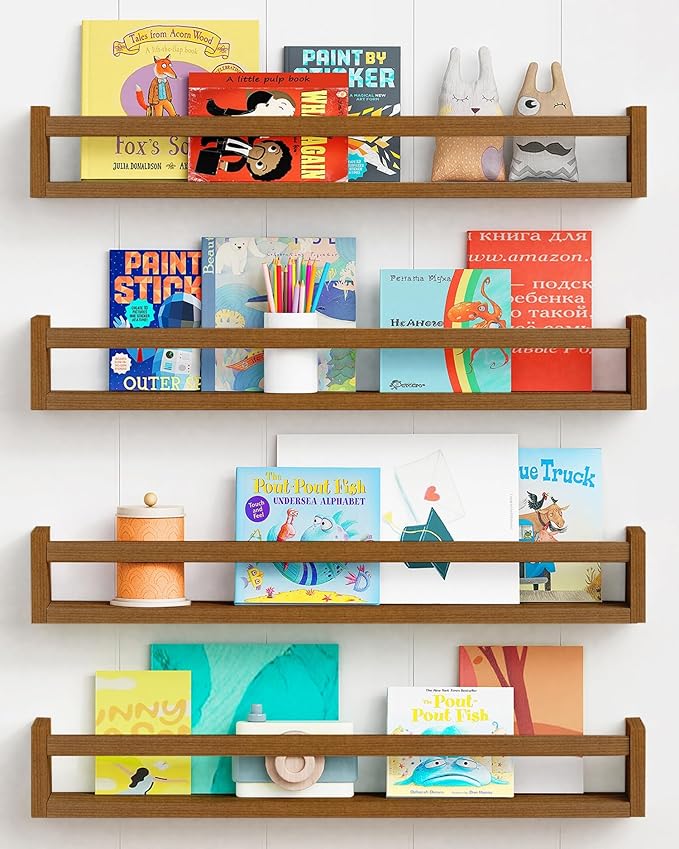 Forbena Solid Wood Floating Nursery Book Shelves for Wall, Walnut Nursery Bookshelf Wall Mounted for Bedroom, Large Kids Floating Bookshelves for Children Toys Classroom Books Art Decor (Dark Brown)