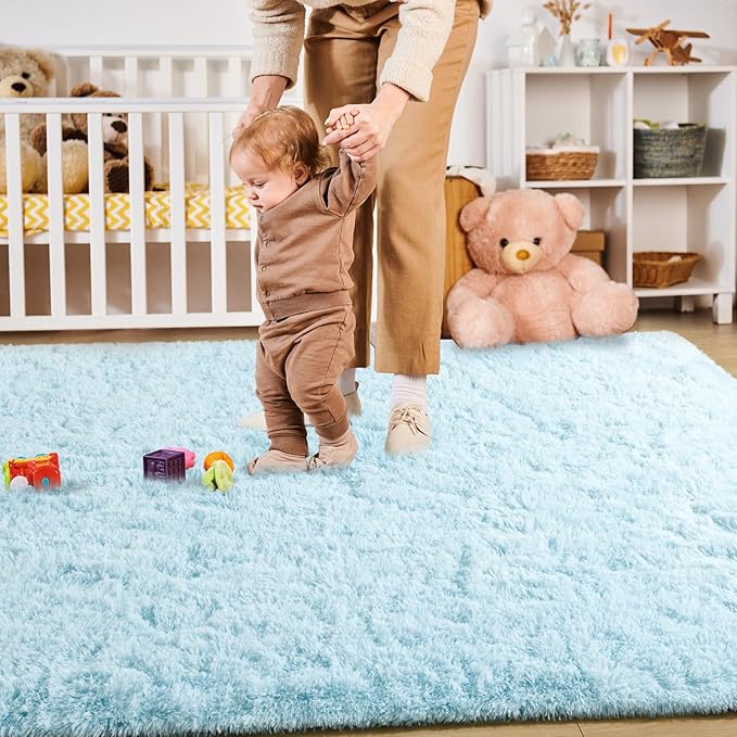 Merelax Soft Modern Indoor Large Shaggy Rug for Livingroom Bedroom Dorm Kids Room Home Decorative, Non-Slip Plush Fluffy Furry Fur Area Rugs Comfy Nursery Accent Floor Carpet 8x10 Feet, Baby Blue