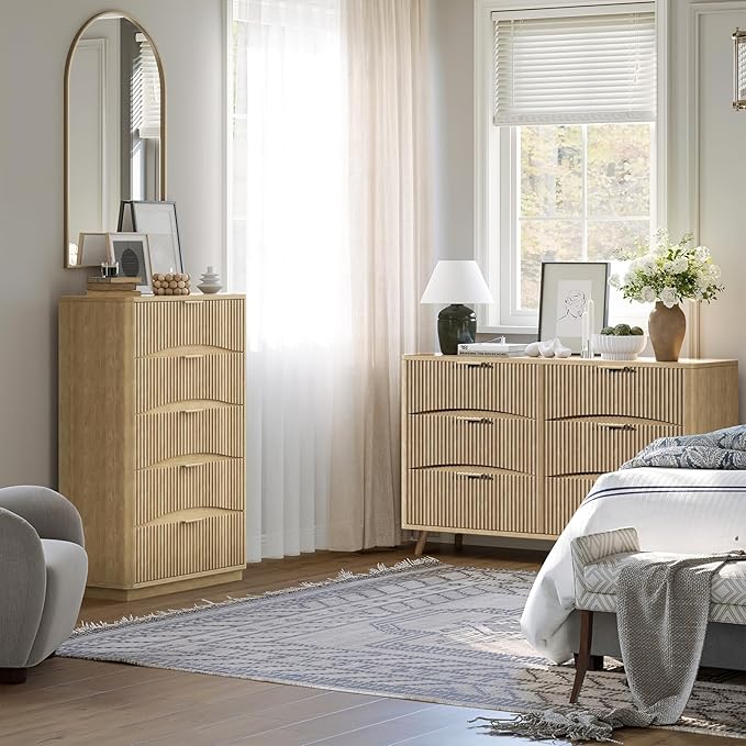 Evermagin Fluted 5 Drawers Dresser, 47" Tall Wooden Dressers Storage Organizer,Modern Chest of Drawers for Bedroom with Deep Storage, Living Room,Entryway, Natural Oak