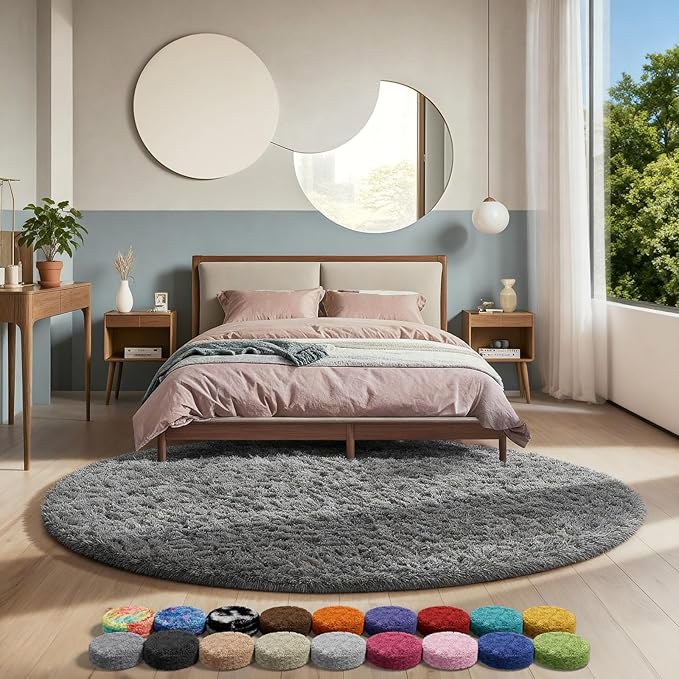 Ophanie Round Rugs 6Ft Grey Circle Area Rug, Fluffy Fuzzy Bedroom Carpet, Plush Soft Shaggy Indoor Floor Gray Living Room Rugs for Kids Home Decor Aesthetic, Nursery