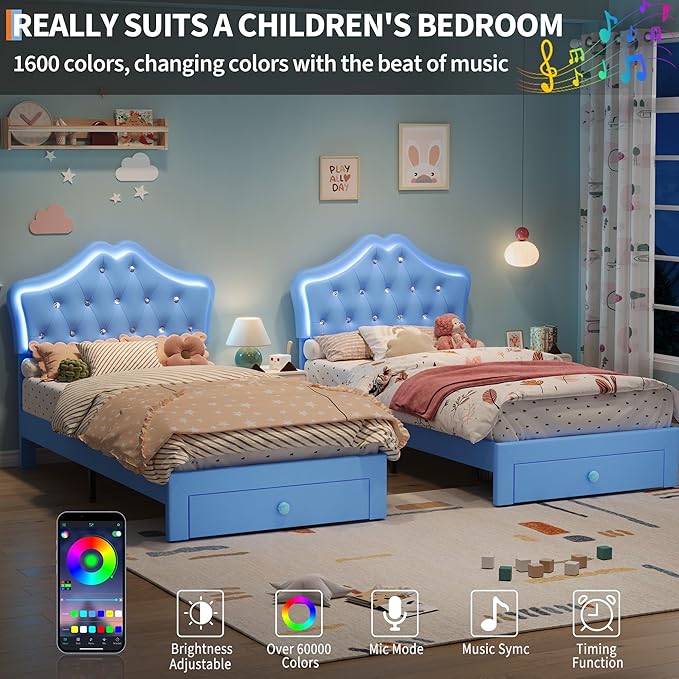 Garvee Twin Size Bed Frame with LED Lights & Velvet Crystal Button Headboard, Upholstered Boy/Girl Platform Bed with Storage Drawer, Noise Free, No Box Spring Needed for Kids, Teens, Blue