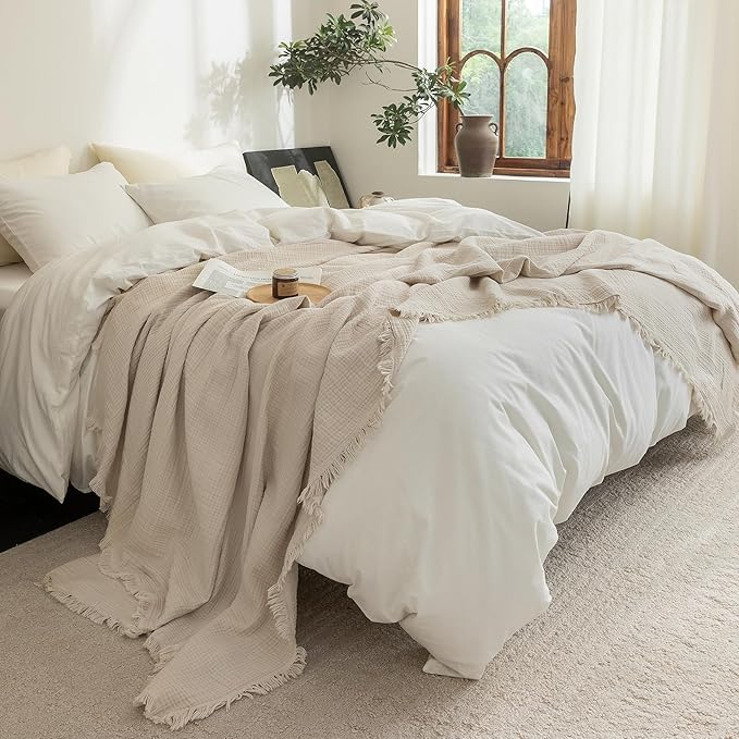 FOSSA Muslin Blanket with Fringe - 4-Layer 100% Cotton Gauze Super Soft & Breathable Throw -Lightweight Decorative Cooling Blanket for Bed, Sofa, Office (Beige, Queen (90" × 90"))