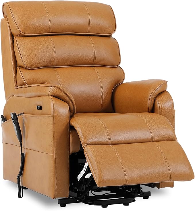 DYNOX 300 LBS Power Lift Recliner Chair for Elderly, Small Size Dual Motor Lay Flat Infinite Positions Recliner with Heat, Massage & USB Charging Port (9188S,Genuine Leather,Camel)