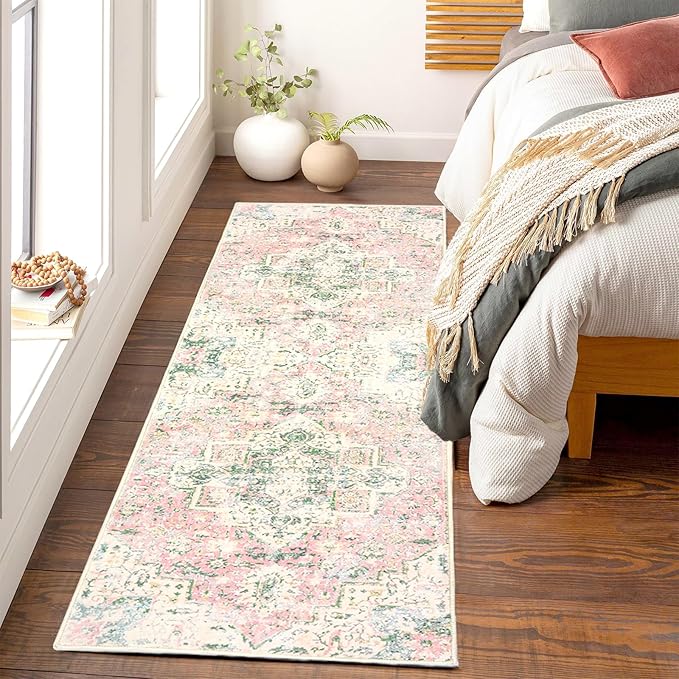 2x6 Ft Washable Kitchen Runner Rug Pink and Green Entryway Runner Vintage Non-Slip Faux Wool Low-Pile Floor Carpet Runners for Hallways Bedroom Bathroom Laundry Room