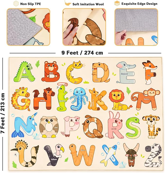 Kids Rugs for Playroom, 7x9 Feet Educational Rug for Learn The ABC Alphabet, Soft Machine Washable Non-Slip Cute Animal Carpet for Classroom Toddler Nursery Kids Room Decor Mat, Beige