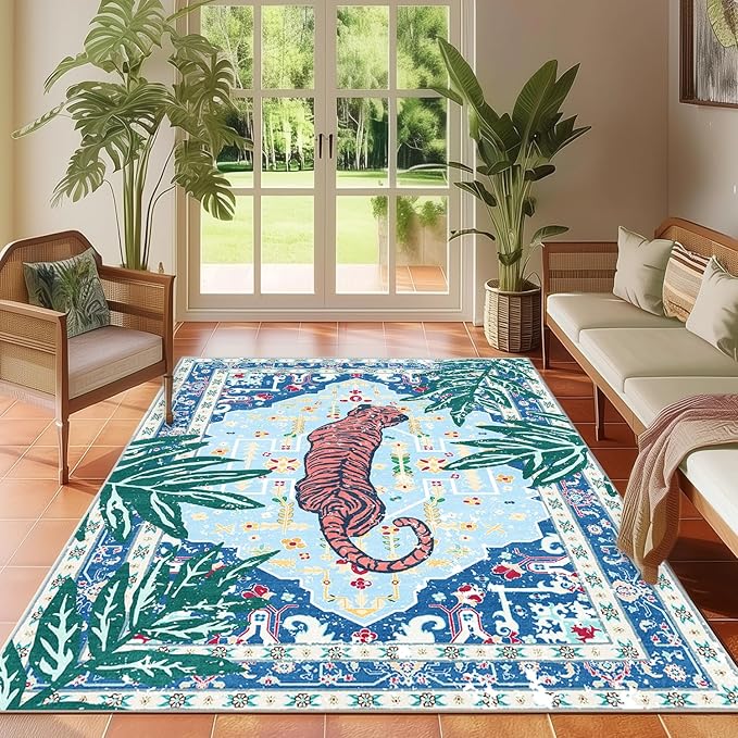6x9 Washable Non-Slip Blue Tiger Rug for Living Room Bedroom Dining Room Neutral Vintage Tropical Jungle Animal Cheetah Print Rug Soft Cozy Whimsical Woodland Large Carpet for Boys Room Playroom