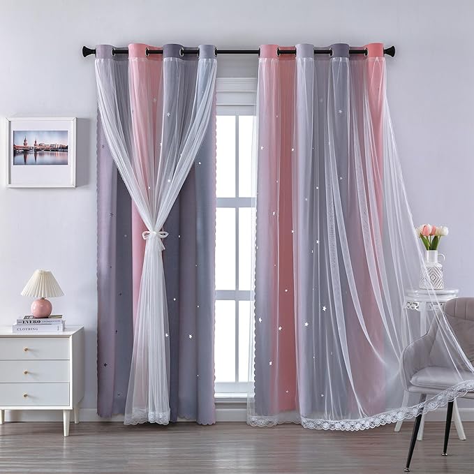 XiDi Grey and Pink Blackout Curtains for Girls Bedroom 45 Inch Length 2 Panels Rainbow Kids Grommet Window Drapes for Nursery Living Room Decro Princess Unicorn Wall Decals Pink Grey 34 Inches Wide