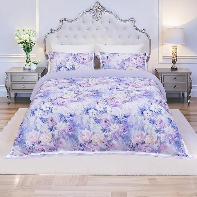 MAGRACE Floral Duvet Cover Set King Size - 3 Piece Washed Fiber Bedding Set with Zipper Closure & Ties, Soft Purple Lavender Botanical Print Comforter Cover – Cozy Breathable Bedding for Women Girls