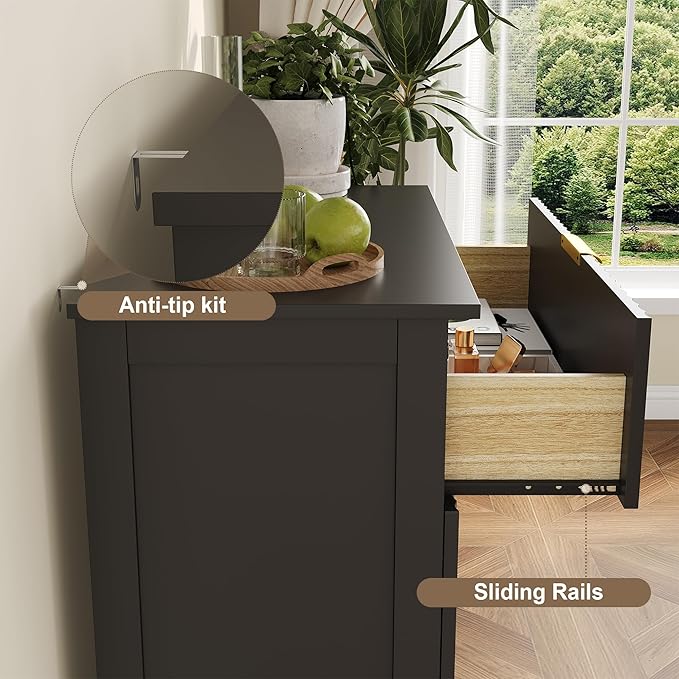 Fluted Dresser with 4 Drawers for Bedroom, 36.6" Tall Dresser with Charging Station, Wooden Chest of Drawers for Bedroom, Living Room, Entryway, Black