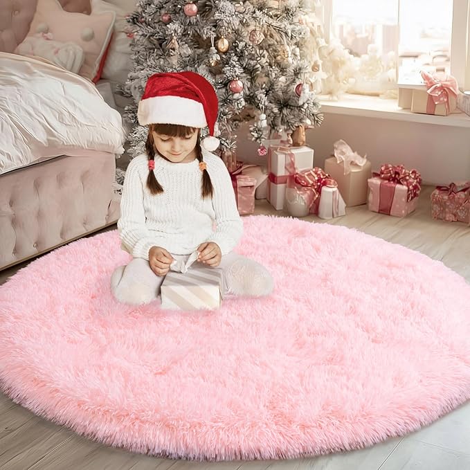 Round Fluffy Pink Rug for Bedroom, 4Ft Fuzzy Shag Circle Area Rug for Girls Kids Room Nursery, Soft Non Slip Plush Carpet for Dorm Living Room Home Decor