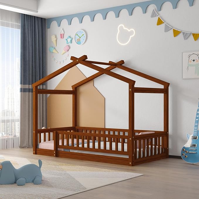 Merax Twin Size Wooden House Bed with Fence, Wood Bed Frame with Roof and Safety Guardrail for Kids, Teens, Boys or Girls, Walnut