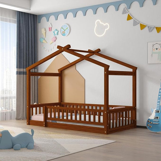 Merax Twin Size Wooden House Bed with Fence, Wood Bed Frame with Roof and Safety Guardrail for Kids, Teens, Boys or Girls, Walnut
