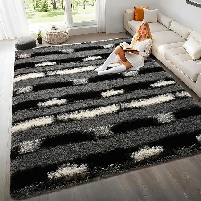 4x6 Feet Area Rugs for Living Room Bedroom,Gray and White Machine Washable Soft Fluffy Shaggy Indoor Rug, Floor Carpet for Girls Boys Kids, Dorms, Nursery Rooms, Home Decor Aesthetic