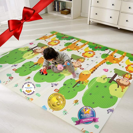 Bammax X-Large 78" x 70" x 0.4" XPE Foam Padded Baby Play Mat + Travel Bag | Waterproof, Reversible & Foldable Design | Baby Crawling Mat & Kids Play Mat – Giraffe & Mixed Animals