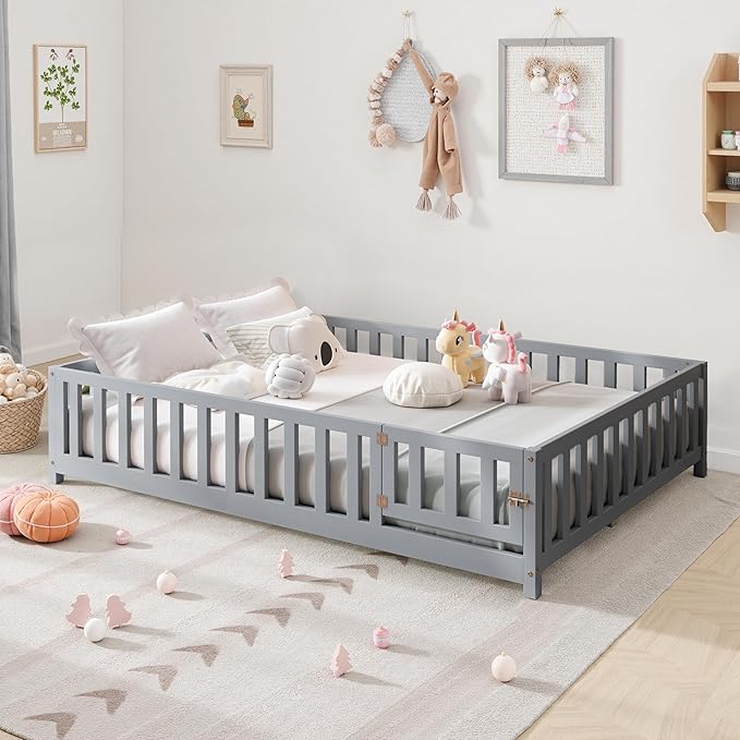 Full Size Floor Platform Bed with Fence and Lockable Door, Wood Montessori Bed Frame with Slat Support for Kids,Girls,Boys, Easy to Assemble,Grey