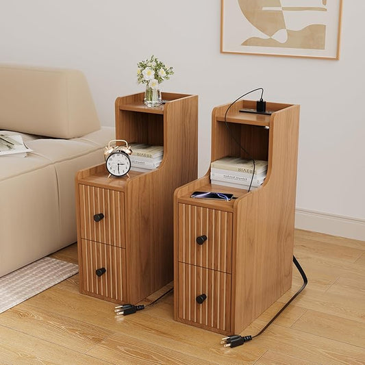 Set of 2 Narrow Side Table with Charging Station, Wooden Slim End Table with Storage, Mid Century Modern Nightstand with Drawers for Living Room, Walnut