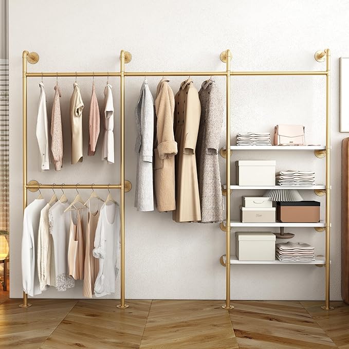 Industrial Pipe Clothes Rack, Gold Clothing Rack with Shelves, Wall Mounted Clothes Rack Heavy Duty Closet Organizers Wardrobe Multi-Purpose Storage Clothes Hanging Shelf - 94.5''L Gold