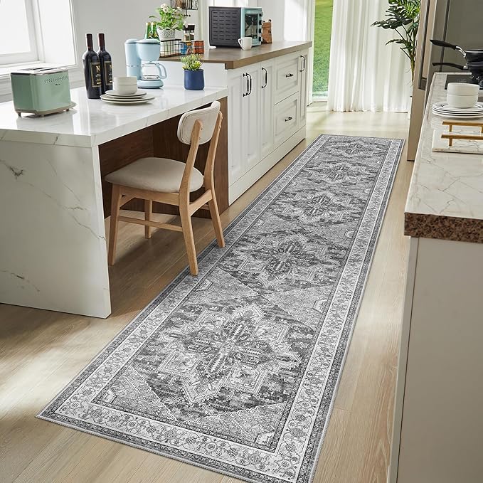 WITSHOCK 3x16 Extra Long Runner Rug for Hallway: Washable Boho Low Pile Stain Resistant Foldable Floor Carpet for Bedroom Entryway Bathroom Kitchen, Neutral Distressed Farmhouse Rug, Grey, 36″x192″