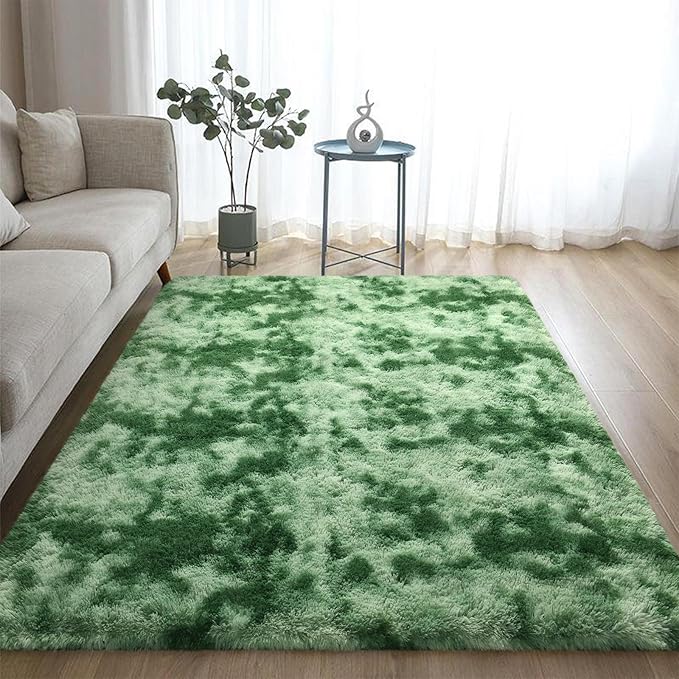 DweIke Fluffy Sage Green Shag Rugs for Bedroom Living Room, 4x6 Feet Soft Plush Tie-Dyed Mint Green Girls Boys Kids Rug, Non-Slip and Machine Washable Carpet for Dorm Nursery Classroom Decor