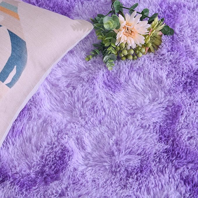 DweIke Fluffy Purple Shag Rugs for Bedroom Living Room, 3x5 Feet Soft Plush Tie-Dyed Light Purple Girls Boys Kids Rug, Upgraded Non-Slip and Machine Washable Carpet for Dorm Nursery Classroom Decor