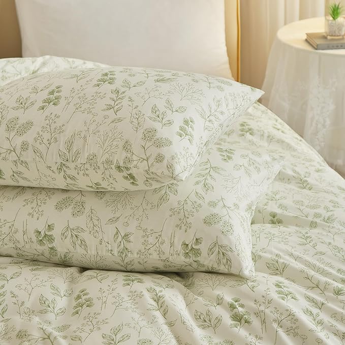 HighBuy 3 Pieces Duvet Cover Twin White Duvet Cover with Green Floral Print,Coquette Soft Cotton Comforter Cover Boho Style,Aesthetic Twin Bedding Set with Zipper Closure 4 Ties,All Season